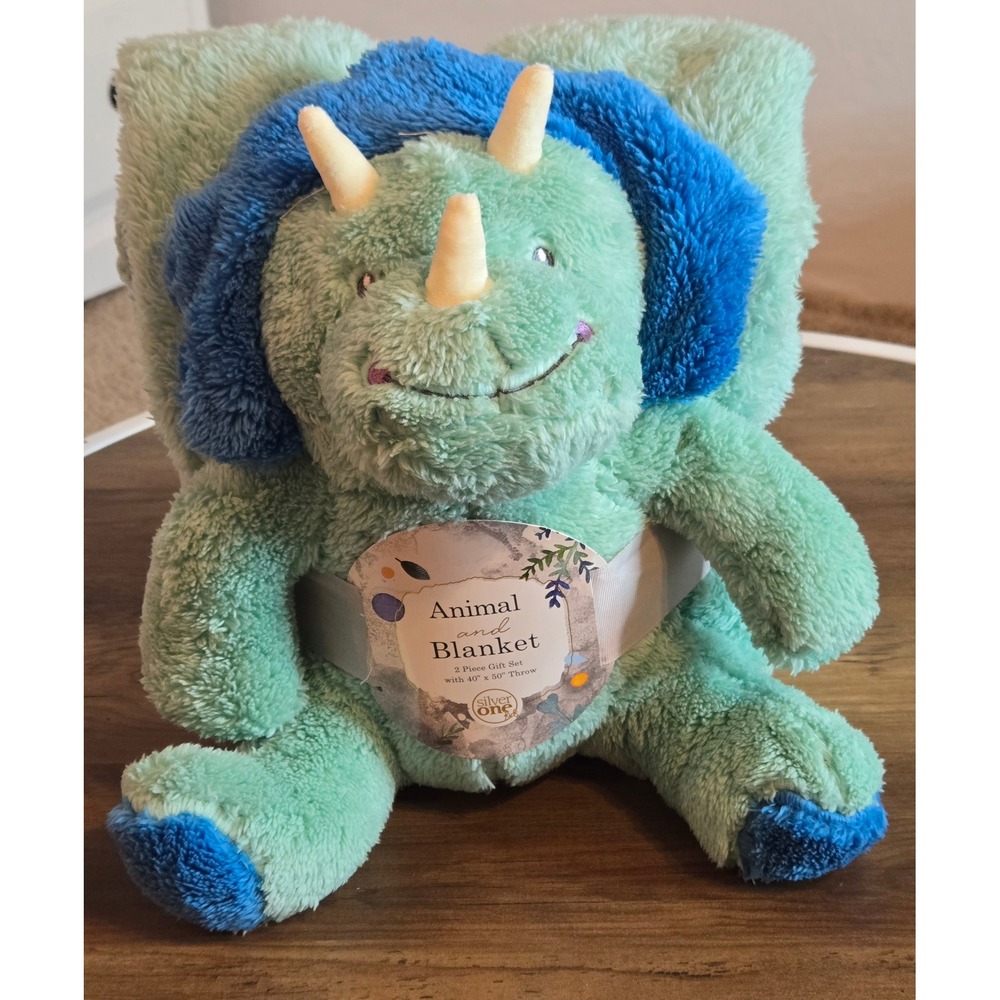 Silver One Kids Triceratops Dinosaur Plush and 40x50 Throw Blanket 2 Piece Set
